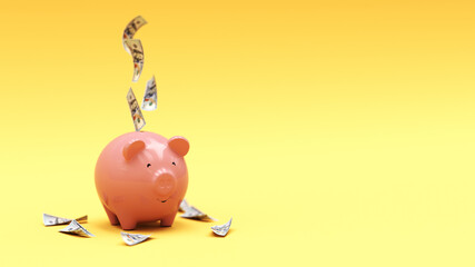 Finance concept Piggy bank with tiny dollar banknotes on yellow-colored horizontal composition with copy space 3d rendering