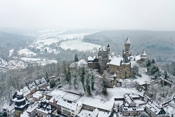 Braunfels Castle in Winter with snow, with Hubertus Tower, New Keep, Georgen Tower and Alter Stock, Braunfels, Hesse, Germany,