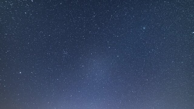Stars in starry sky and milky way time lapse motion slowly in blue winter night Astronomy background
