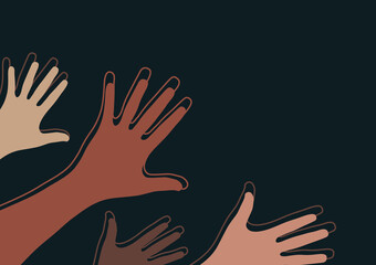 Raised hands, open palms. The concept of charity, volunteering, love, kindness, equality, racial and social issues. Vector illustration