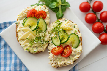 egg cheese tomoto cucumber open sandwich dip bread spread party finger food lunch snack