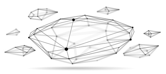 Dimensional lattice mesh vector abstraction, 3D polygonal design abstract shape isolated over white, science digital dynamic connections with lines and dots with perspective.