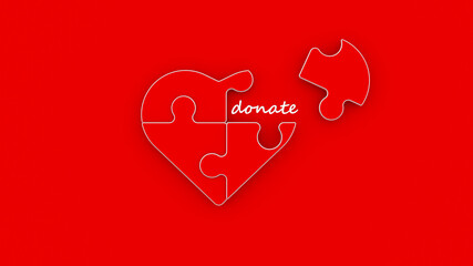 Donation concept Red heart puzzle shape with white-colored donate text on red-colored background Horizontal composition with copy space 3d rendering
