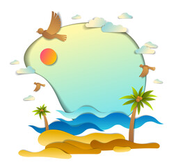 Fototapeta na wymiar Beach with palms, sea waves perfect seascape, birds clouds and sun in the sky, frame background with copy space, summer beach holidays theme paper cut style vector illustration.