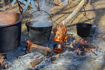 Chicken and soup cooking outdoors at vintage camping site. Suggests Springtime camping of byegone days.