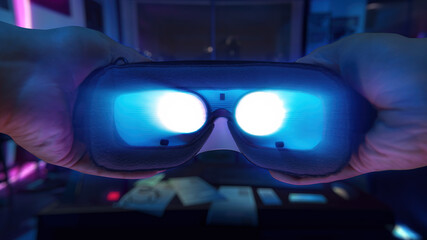 POV Mans Arms Putting Virtual Reality Headset Exploring Reality Immersive Technologies XR VR AR MR...