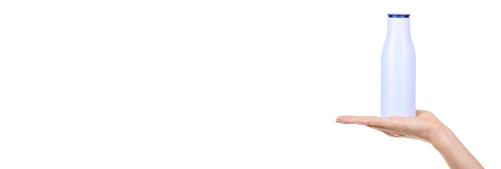 Hand with blue lotion bottle isolated on white background.