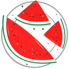 Pieces of red watermelon with brown seeds on a white plate 