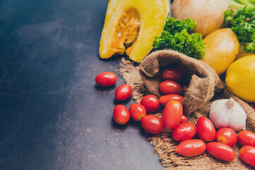 Mix Salad and healthy food. Fresh organic vegetables for cooking diet food on table background. © graphixchon