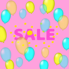 cute sale offer on pink background with flowers and yellow and blue balloons