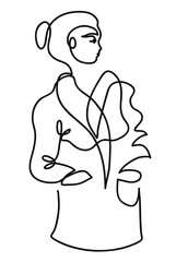 One line drawing of relaxed woman in bathrobe.
One continuous line drawing of relaxed woman in bathrobe.