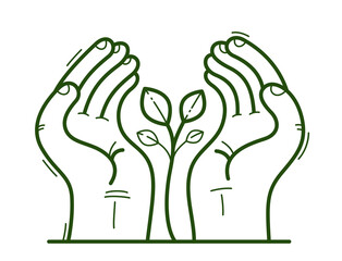 Two hands with small plant protecting and showing care vector flat style illustration isolated on white, cherish and defense for environment concept, botanical life protection.