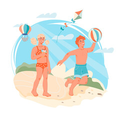 Summer day on the beach with children by the sea or river. Decorative element with kids in swimsuits. Boy and girl on summer vacation, flat vector illustration isolated on white background.