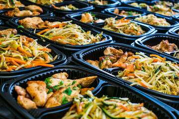 thai style chicken, chinese takeaway, chicken and vegetable wok in plastic containers, takeaway