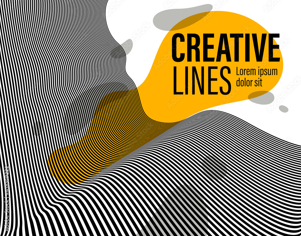 Poster 3d black and white lines in perspective with yellow fluid liquid paint splat abstract vector backgro