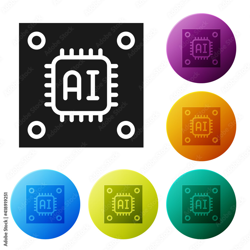 Poster black computer processor with microcircuits cpu icon isolated on white background. chip or cpu with 