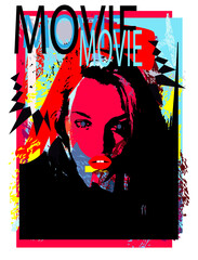 Movie poster with a sexy girl and women leg red color. Pop art background with a text.
