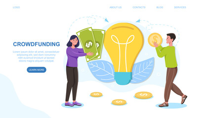 Male and female characters are giving money for crowdfunding. Concept of raising money for business idea through internet. Website, web page, landing page template. Flat cartoon vector illustration