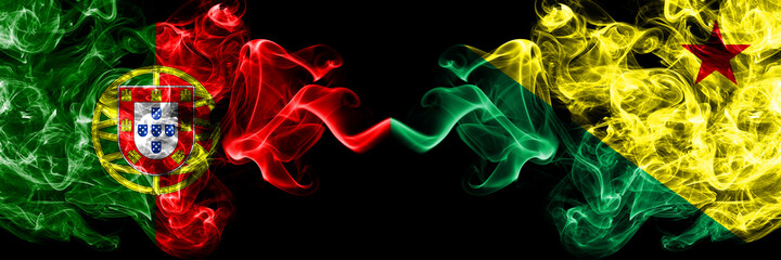 Portugal, Portuguese vs Brazil states Acre smoky mystic flags placed side by side. Thick colored silky abstract smoke flags.