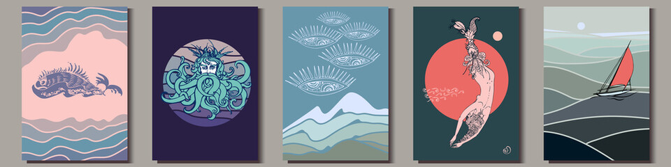 Set of artistic hand-drawn graphic posters. Sea and ocean pictures of fantasy whale, Neptune, mermaid, sailing yacht and abstract art. Vector Illustration