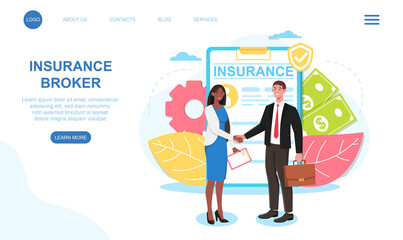 Male insurance broker is making a deal on meeting with client. Man and woman handshaking wearing formal clothes. Website, web page, landing page template. Flat cartoon vector illustration