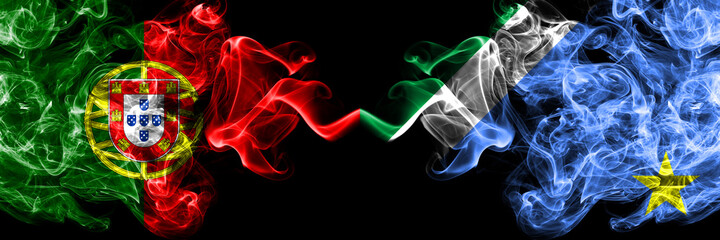 Portugal, Portuguese vs Brazil, Brazilian, Mato Grosso do Sul smoky mystic flags placed side by side. Thick colored silky abstract smoke flags.