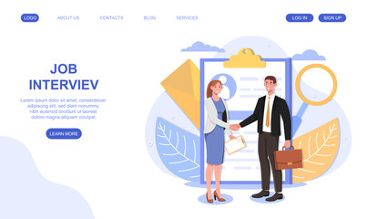 Male and female characters are shaking hands after recruitment on interview. Concept of human resources and recruitment. Website, web page, landing page template. Flat cartoon vector illustration