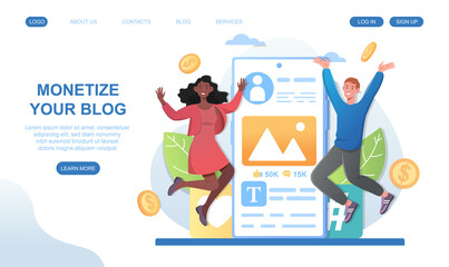 Happy male and female characters are getting their blog monetized. Blogger gets money from creating digital content. Website, web page, landing page template. Flat cartoon vector illustration