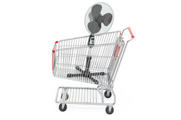 Shopping cart with standing pedestal fan. 3D rendering