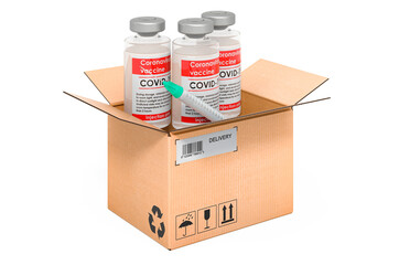 Vaccine inside cardboard box, delivery concept. 3D rendering