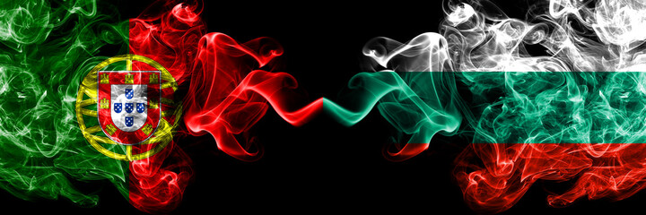 Portugal, Portuguese vs Bulgaria, Bulgarian smoky mystic flags placed side by side. Thick colored silky abstract smoke flags.