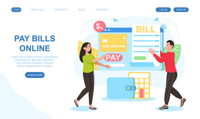 Male and female characters are paying bills online. Concept of credit card transaction and online invoice. Website, web page, landing page template. Flat cartoon vector illustration