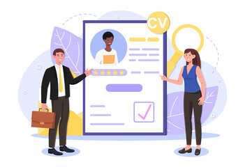 Male and female characters are working on recruitment. Concept of job hiring, online resume and agency interview. Man and woman standing next to clipboard with resume. Flat cartoon vector illustration