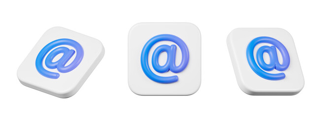 Set of three icons blue email at symbol on white tile isolated over white background. Internet communication concept.