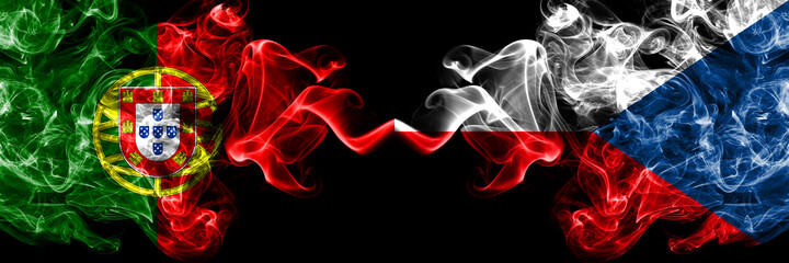 Portugal, Portuguese vs Czech Republic smoky mystic flags placed side by side. Thick colored silky abstract smoke flags.