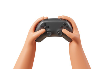 Cartoon character hands holding black realistic gamepad isolated over white background. © Foxstudio