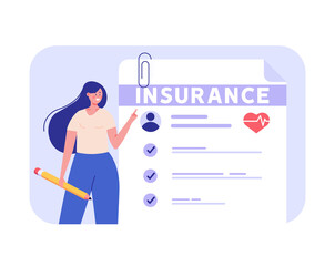 Medical insurance. Concept of health insurance and life insurance. Protection of health and life of people with document of insurance. Healthcare and medical service. Vector illustration in flat