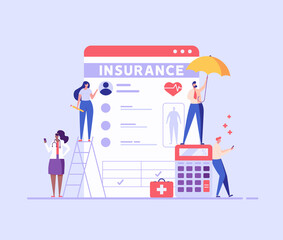 Medical insurance. Concept of health insurance and life insurance. Protection of health and life of people with document of insurance. Healthcare and medical service. Vector illustration in flat