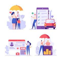 Insurance set vector. People protecting property and health. Health and family protection, Car and deposit insurance. Money guarantee. Vector illustration in flat design for web banner, mobile app
