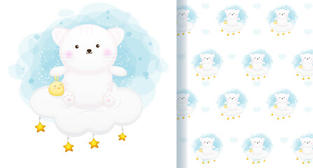 Cute kitty with chicks sitting on the cloud seamless pattern Premium Vector