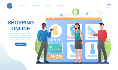 Male and female characters are shopping online together. Concept of online store sale. Men and woman choose clothes. Website, web page, landing page template. Flat cartoon vector illustration