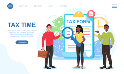 Male and female characters filling out tax form. Man fills paper tax form document. Account books with magnifying glass. Website, web page, landing page template. Flat cartoon vector illustration