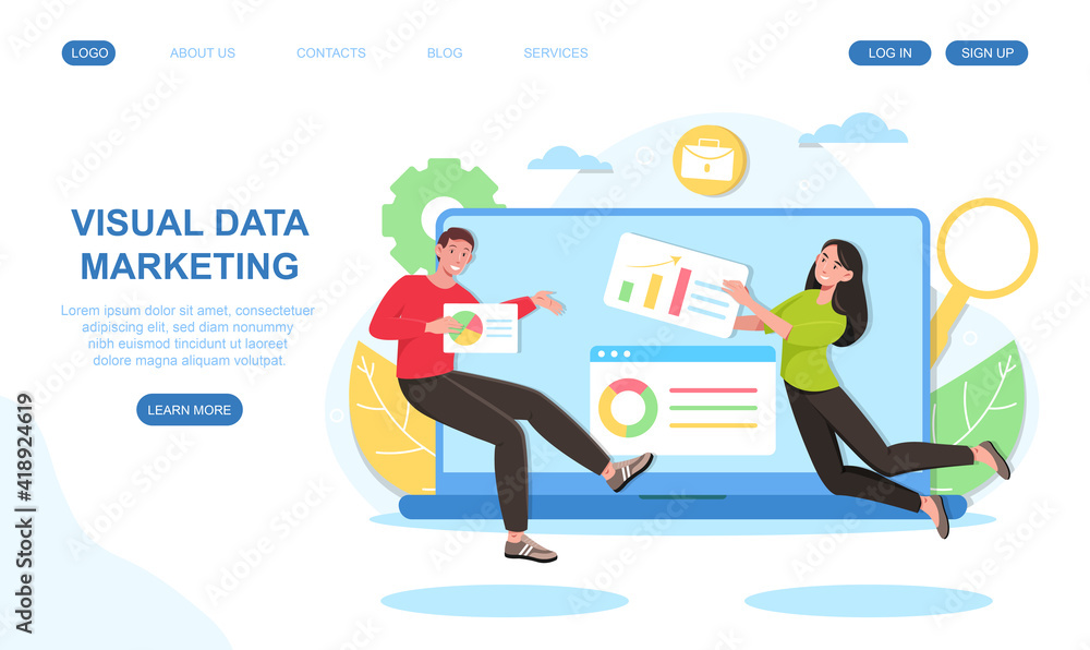 Poster male and female characters are working on visual data marketing. concept of business data. files wit