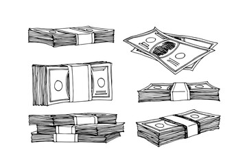 a set of paper money, a stack of banknotes, a symbol of wealth, bucks, vector illustration with black ink contour lines isolated on a white background in doodle and hand drawn style