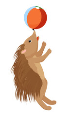 Cartoon brown joyful hedgehog playing with colorful ball isolated on white. Vector illustration.