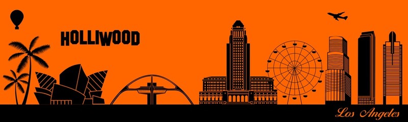 Vector city skyline silhouette - illustration, 
Town in orange background, 
Los Angeles California