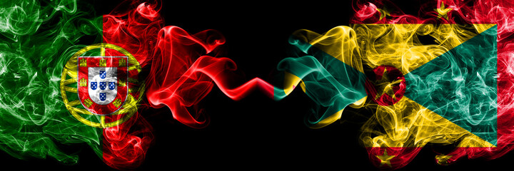 Portugal, Portuguese vs Grenada smoky mystic flags placed side by side. Thick colored silky abstract smoke flags.