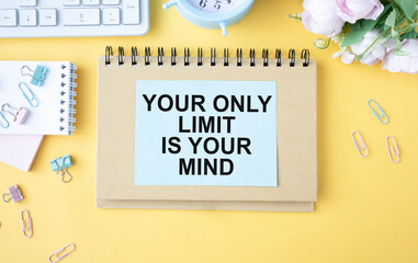 Inspirational motivational quotes on a white plate, your only limit is your mind against a yellow background.