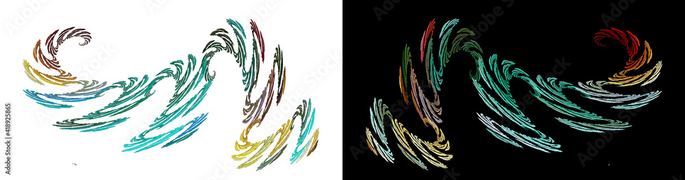 Poster wavy colorful lines are rhythmically arranged, connected and merge into a curl on white and black ba