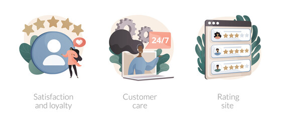 Client feedback tracking abstract concept vector illustration set. Satisfaction and loyalty, customer care, rating site, online tech support, product review page, marketing tool abstract metaphor.